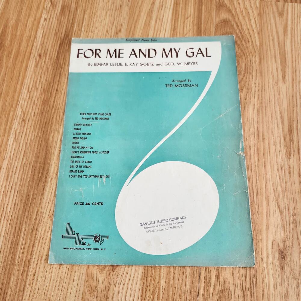 1943 For Me and My Gal Sheet Music Ted Mossman Simplified Piano Solo Mills Inc